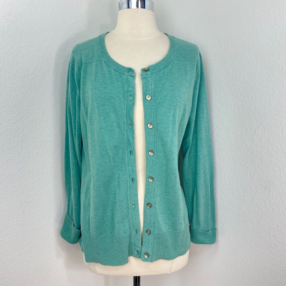 Eddie Bauer Green Button Front Cardigan Sweater Large Coquette Academia Peasant